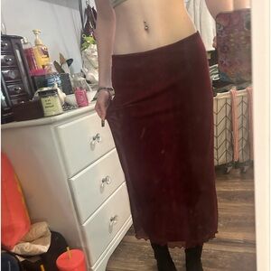 maroon mesh layered midi skirt
